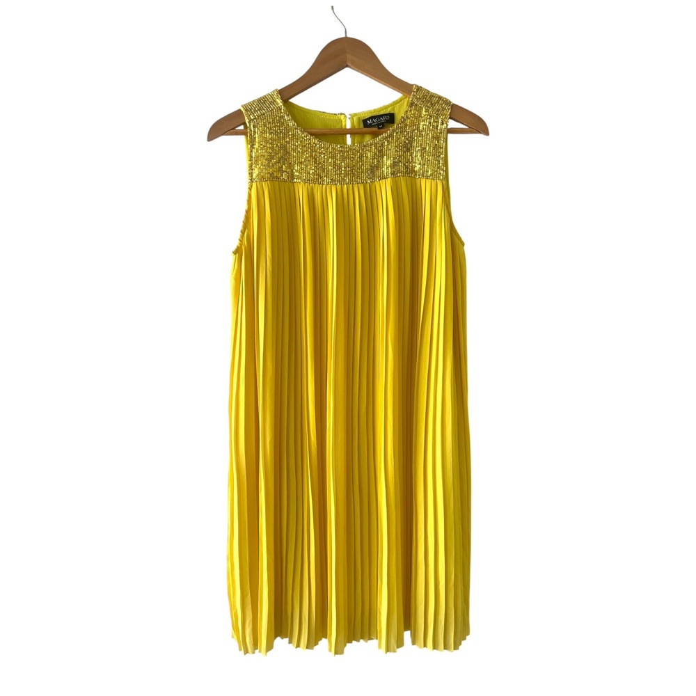 Magari Italy Yellow Pleated Sequin Mini Dress Womens Medium Cocktail Party Event